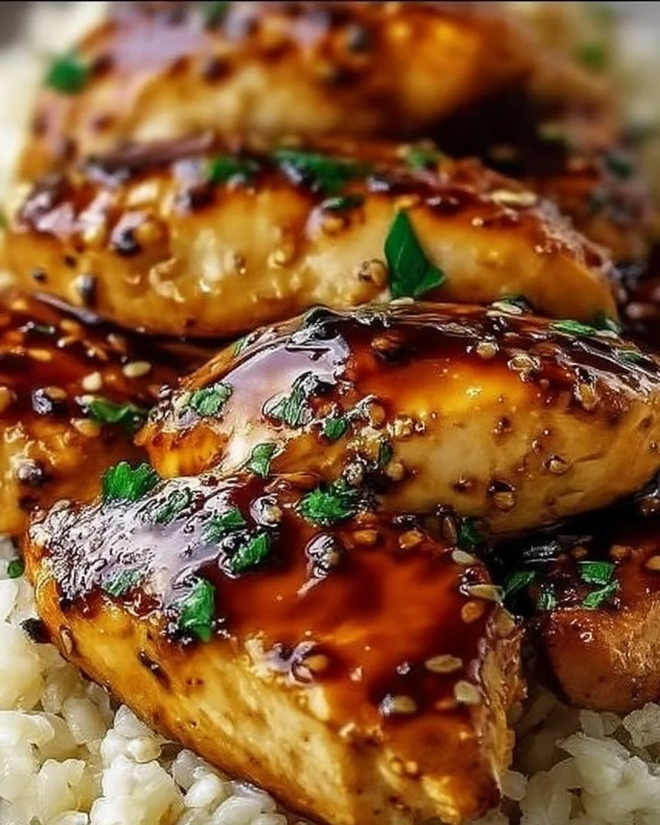 Delicious Honey Garlic Chicken Breasts garnished with herbs on a plate.