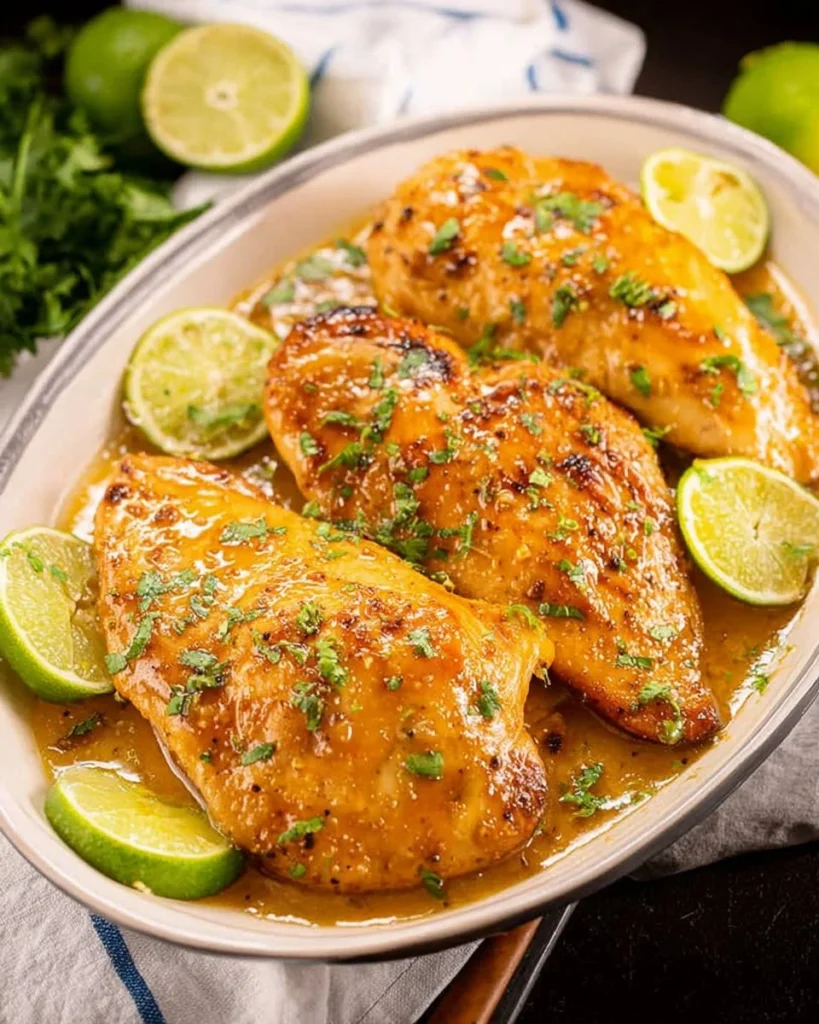 Deliciously grilled Honey Lime Chicken garnished with lime slices