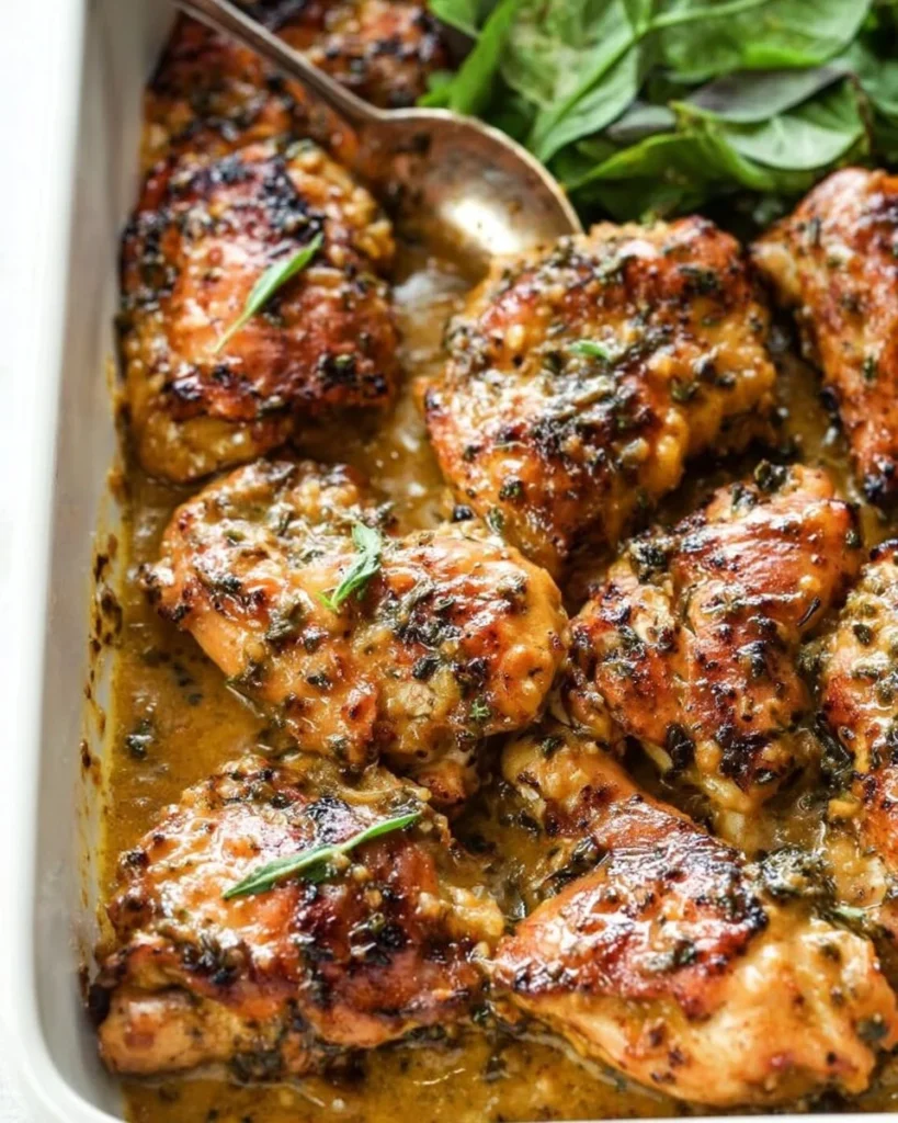 Plate of Honey Mustard Chicken garnished with herbs