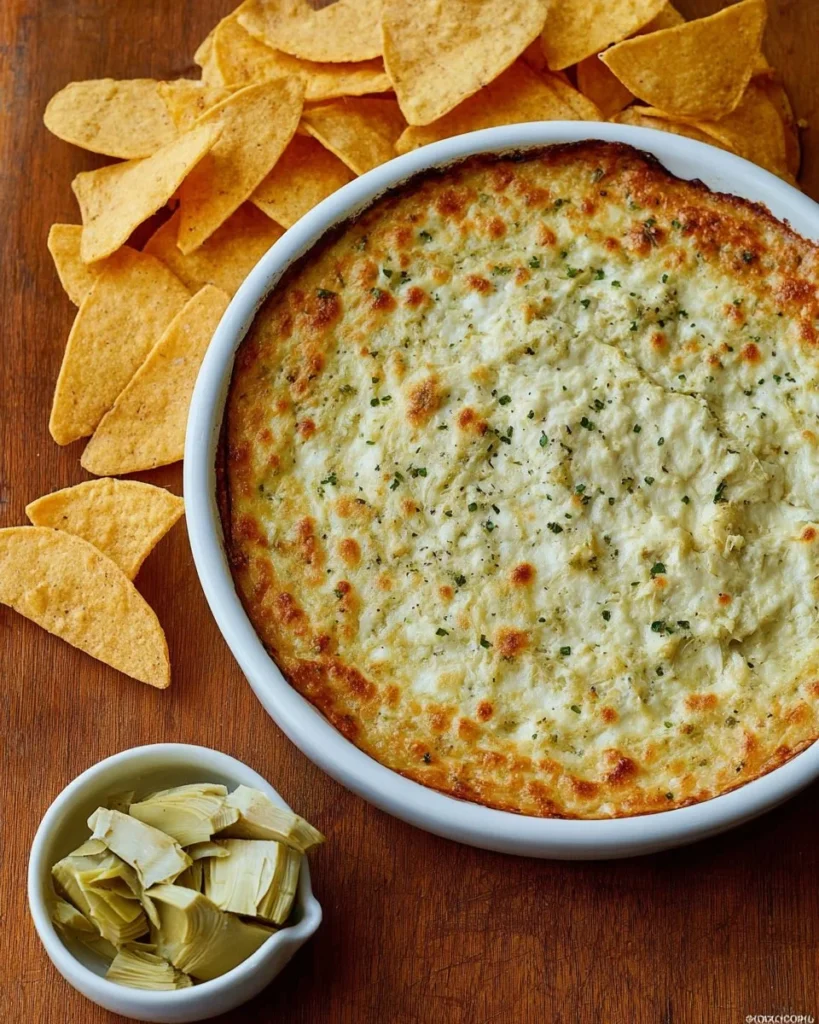 Delicious hot and creamy artichoke dip served with tortilla chips