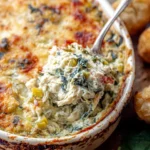 Delicious hot crab spinach artichoke dip served in a bowl.