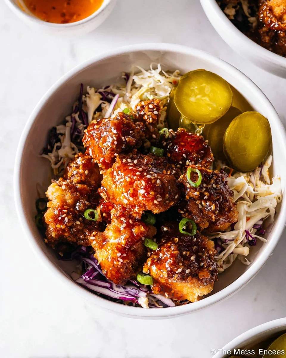 Delicious Hot Honey Chicken Bowls topped with fresh ingredients