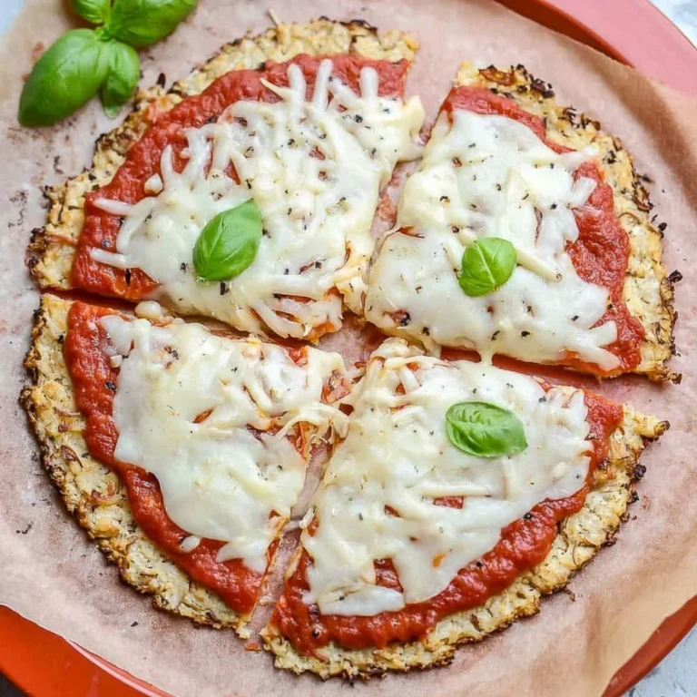 Homemade cauliflower pizza crust topped with fresh ingredients