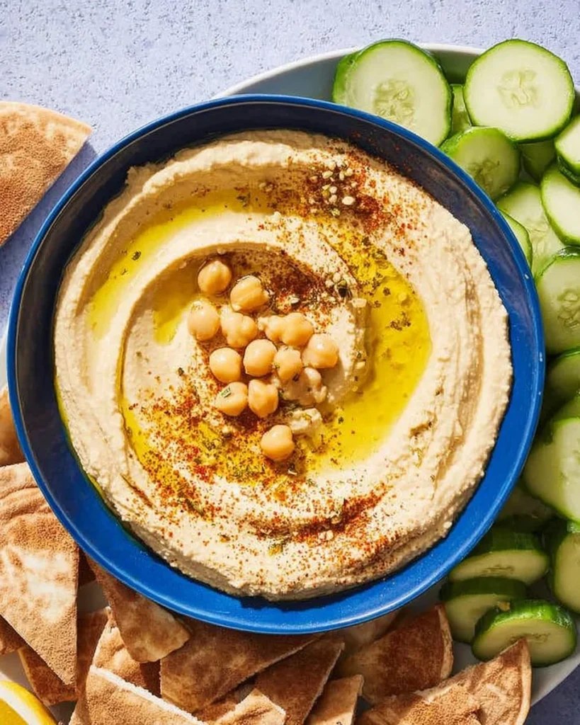 Creamy and smooth hummus recipe with chickpeas and tahini.