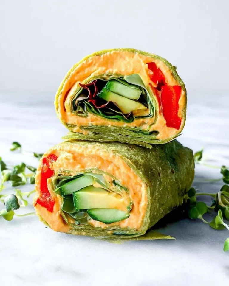 Colorful hummus veggie wrap filled with fresh vegetables and herbs.