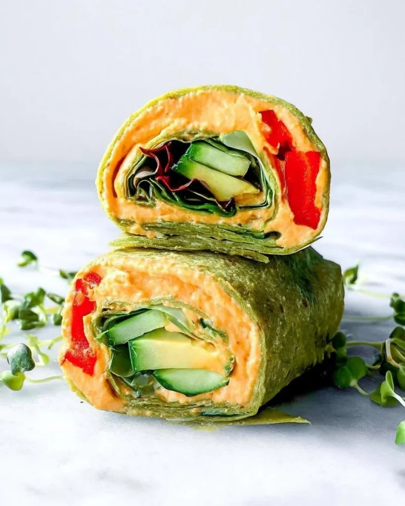 Colorful hummus veggie wrap filled with fresh vegetables and herbs.
