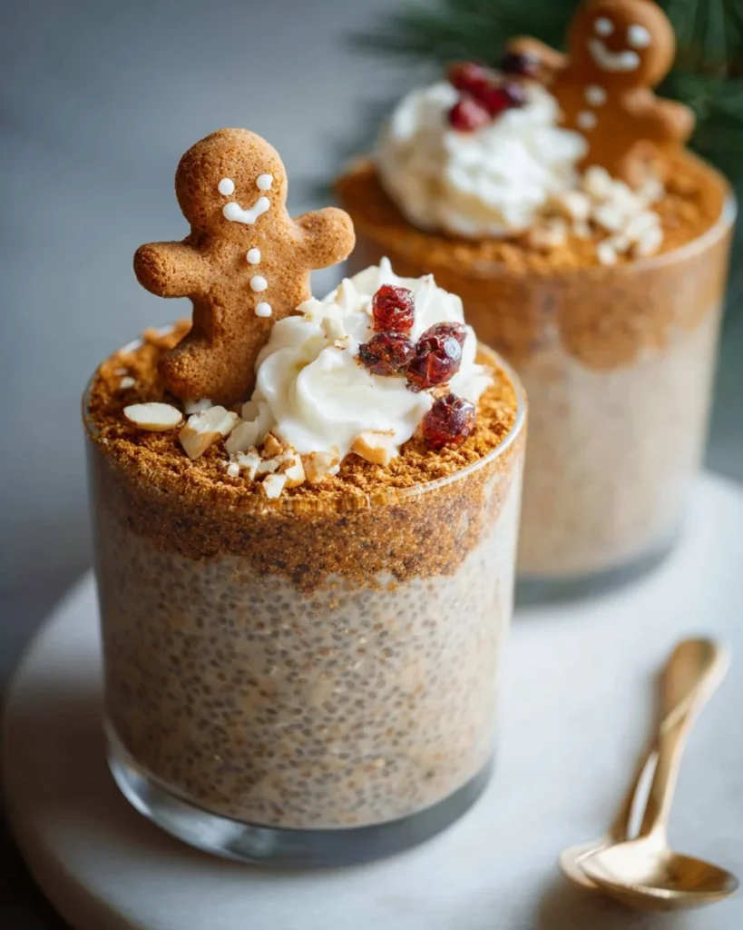 Bowl of gingerbread chia seed pudding topped with spices and nuts