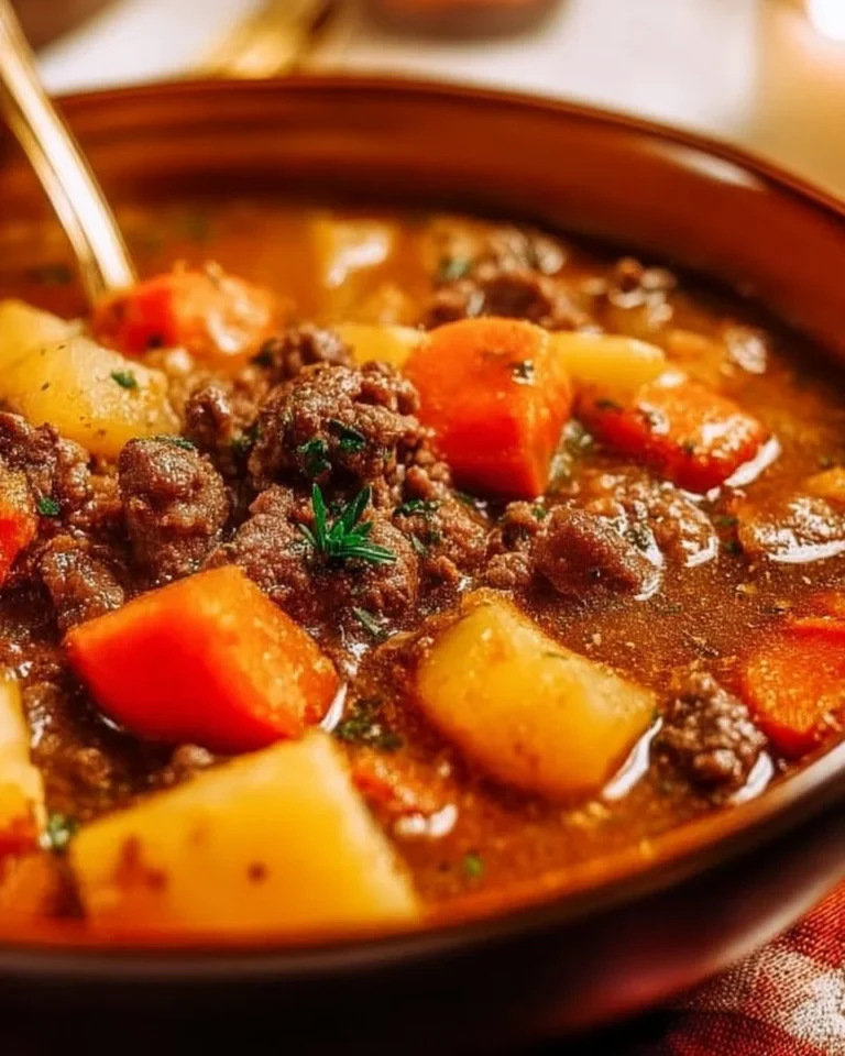 Bowl of hearty Irish ground beef stew with vegetables and herbs