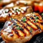 Juicy orange Dijon grilled chicken served on a plate with fresh herbs.