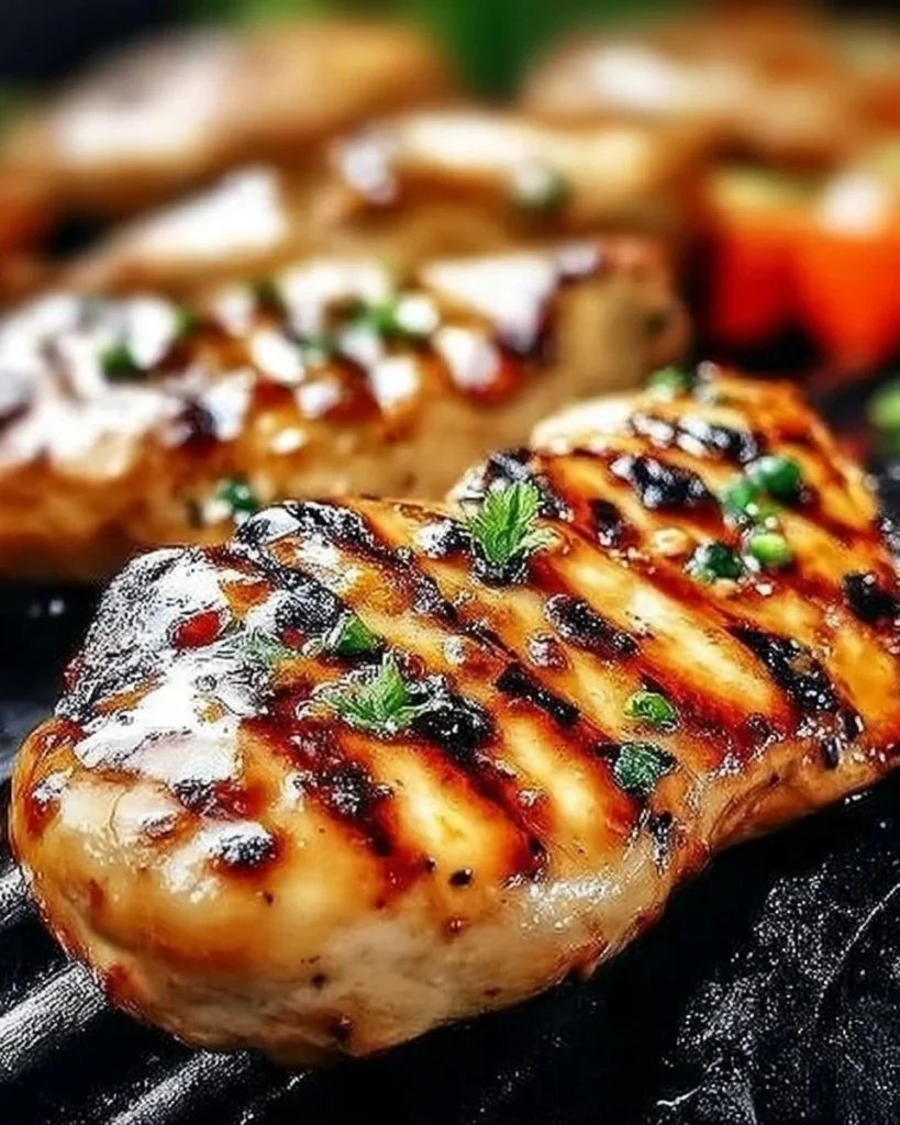 Juicy orange Dijon grilled chicken served on a plate with fresh herbs.