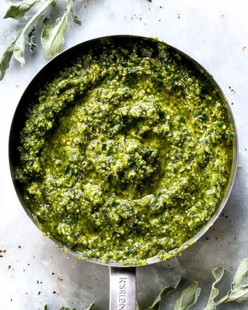 Bowl of vibrant green kale pesto with pasta and pine nuts