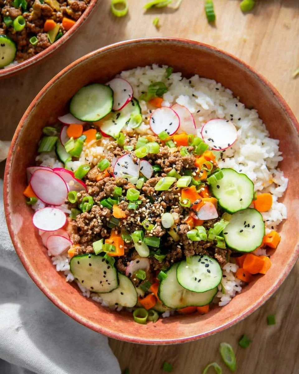 A delicious Korean beef bowl topped with colorful vegetables and garnishes.