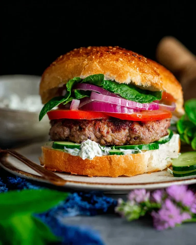 Delicious homemade lamb burger served with fresh toppings and sides