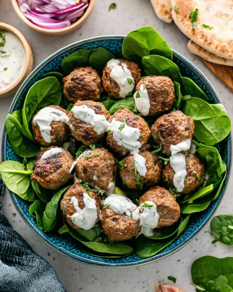 Plate of delicious homemade lamb meatballs garnished with herbs