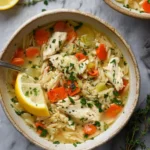 Bowl of Lemon Chicken Orzo Soup garnished with fresh herbs