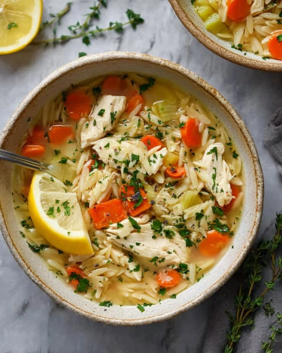 Bowl of Lemon Chicken Orzo Soup garnished with fresh herbs