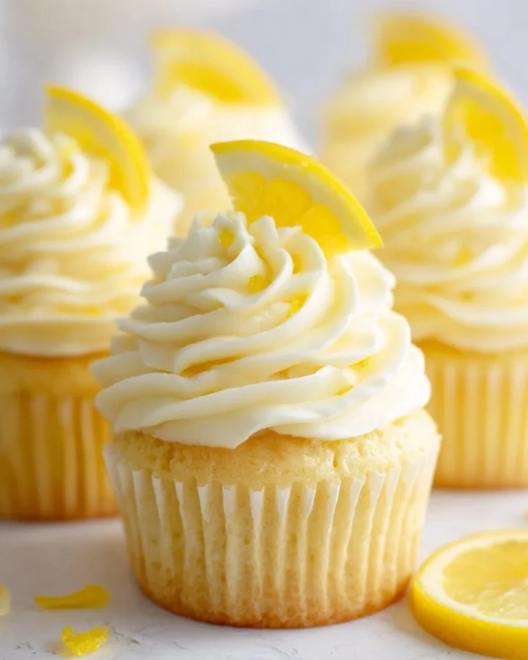 Delicious lemon cupcakes with creamy frosting and bright lemon zest decoration