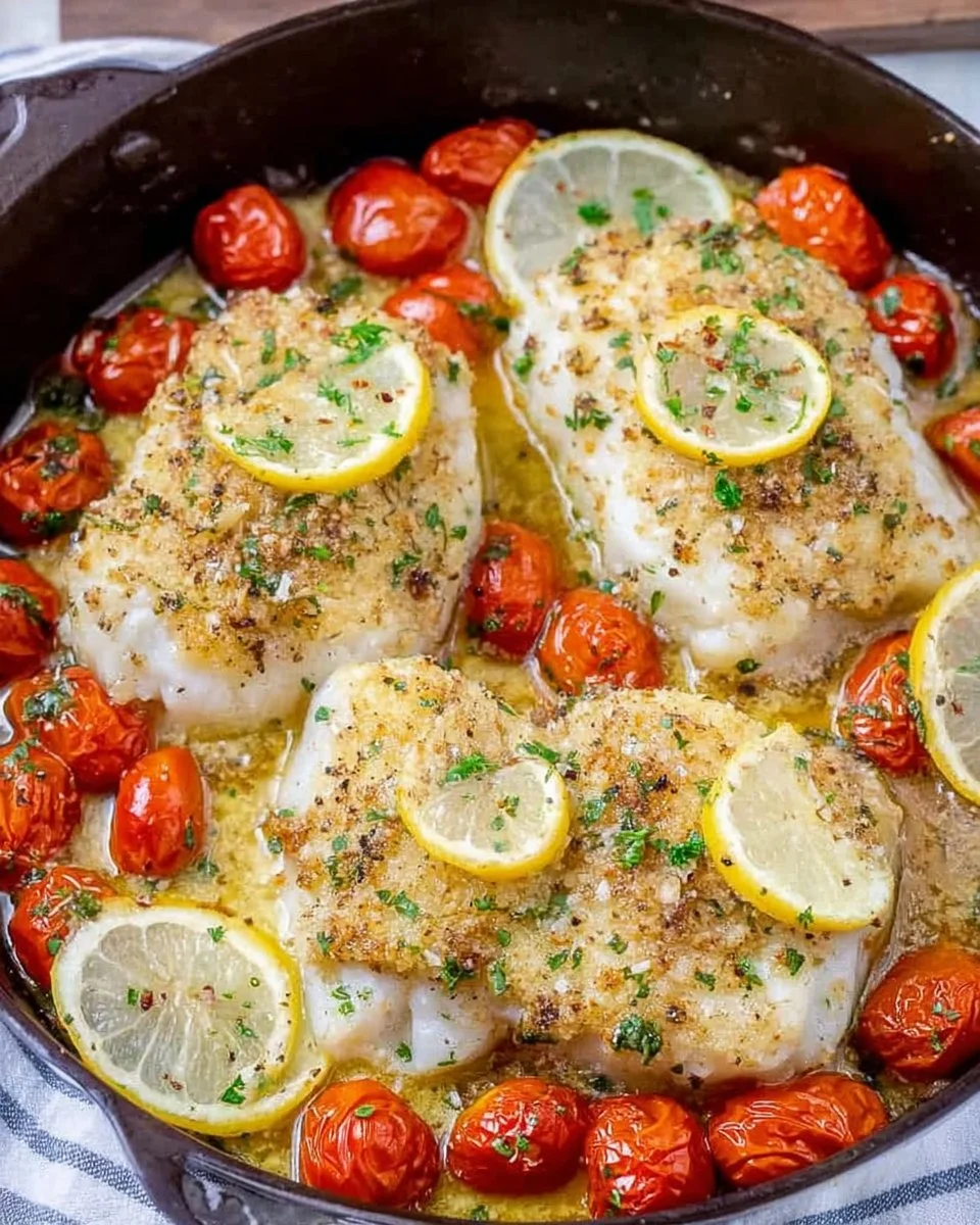 Lemon Garlic Baked Cod served on a plate with fresh herbs and lemon slices