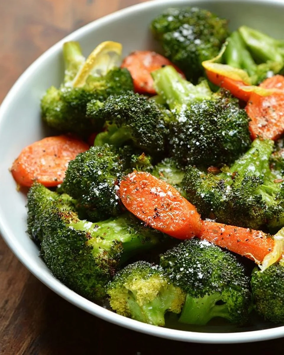 Lemon garlic roasted broccoli and carrots on a serving plate