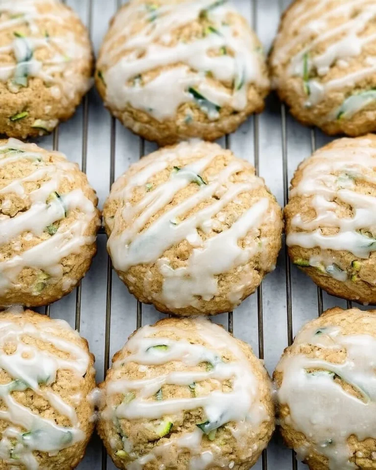 Lemon glazed zucchini cookies on a decorative plate.