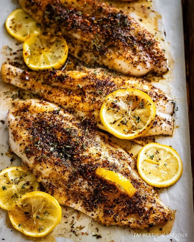 Lemon Pepper Fish served with vegetables on a plate