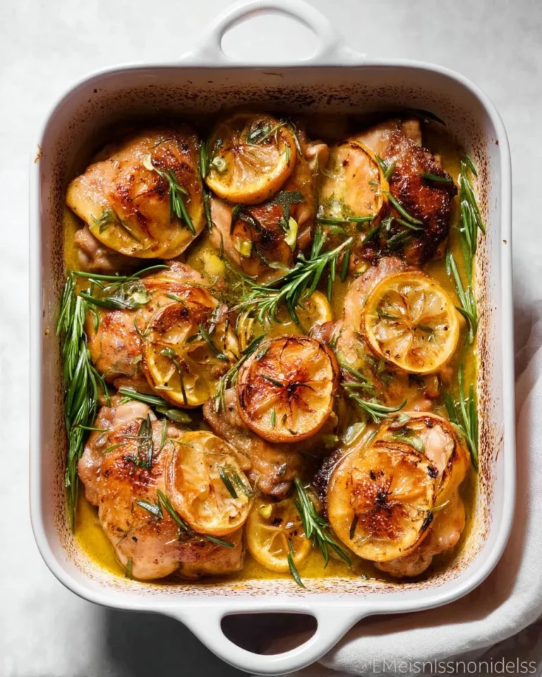 Roasted lemon rosemary chicken garnished with fresh herbs and lemon slices.