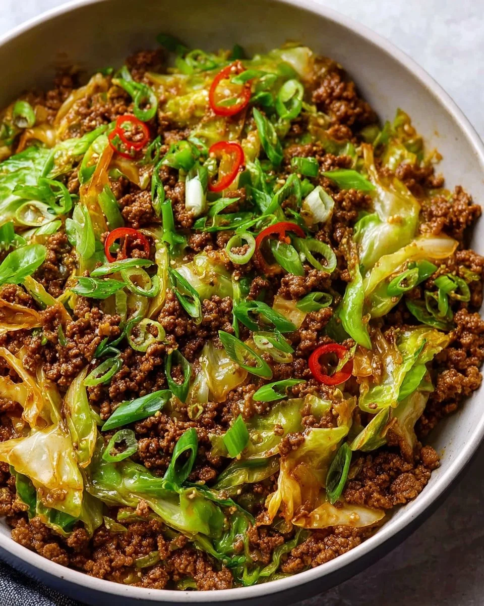 Low-carb Mongolian ground beef served with cabbage for a healthy meal