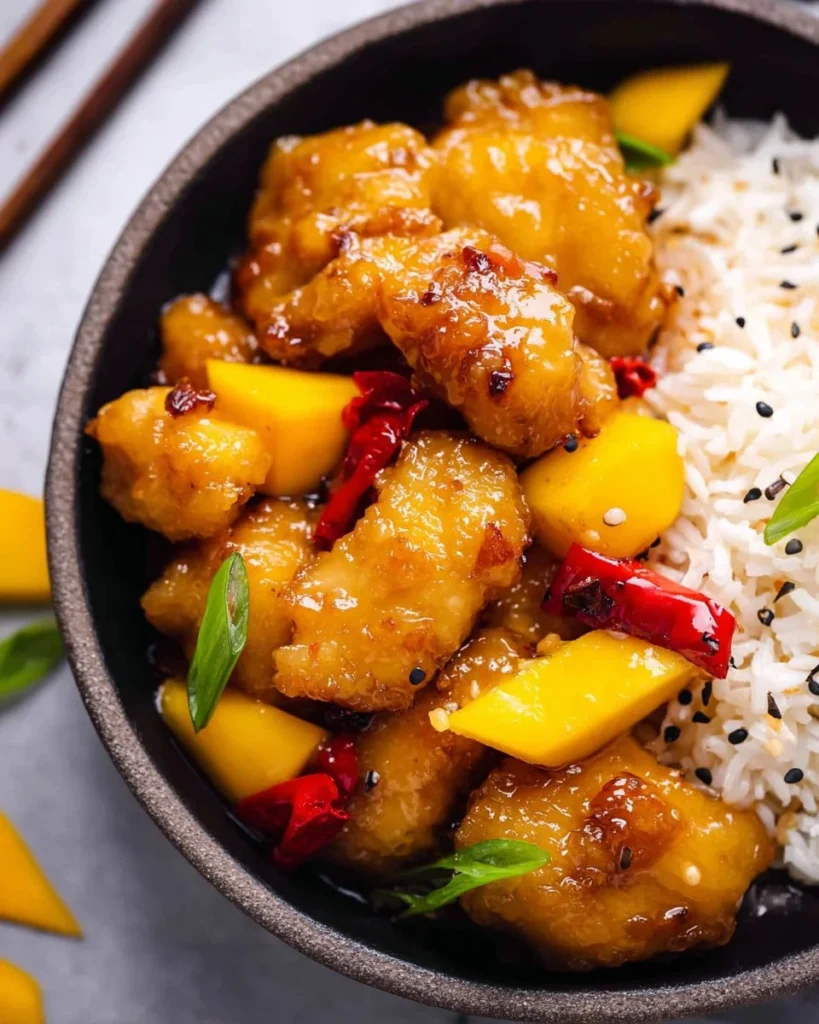 Mango Chicken dish featuring tender chicken and fresh mango slices