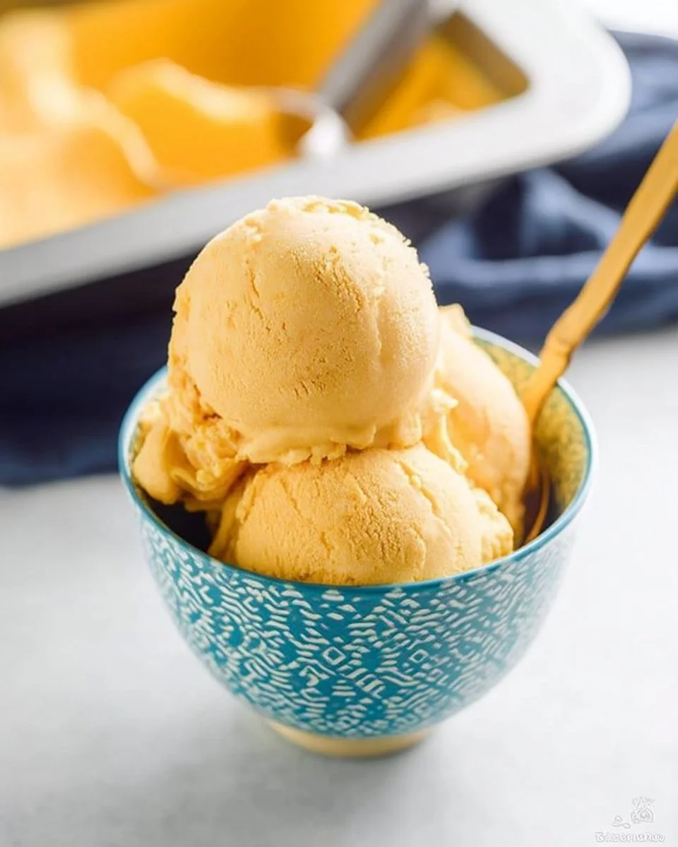 Delicious bowl of Mango Ice Cream topped with fresh mango slices