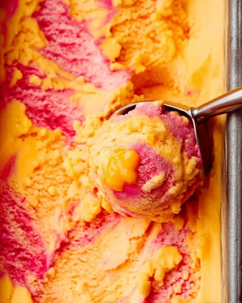 Delicious mango strawberry frozen yogurt served in a bowl with a spoon.