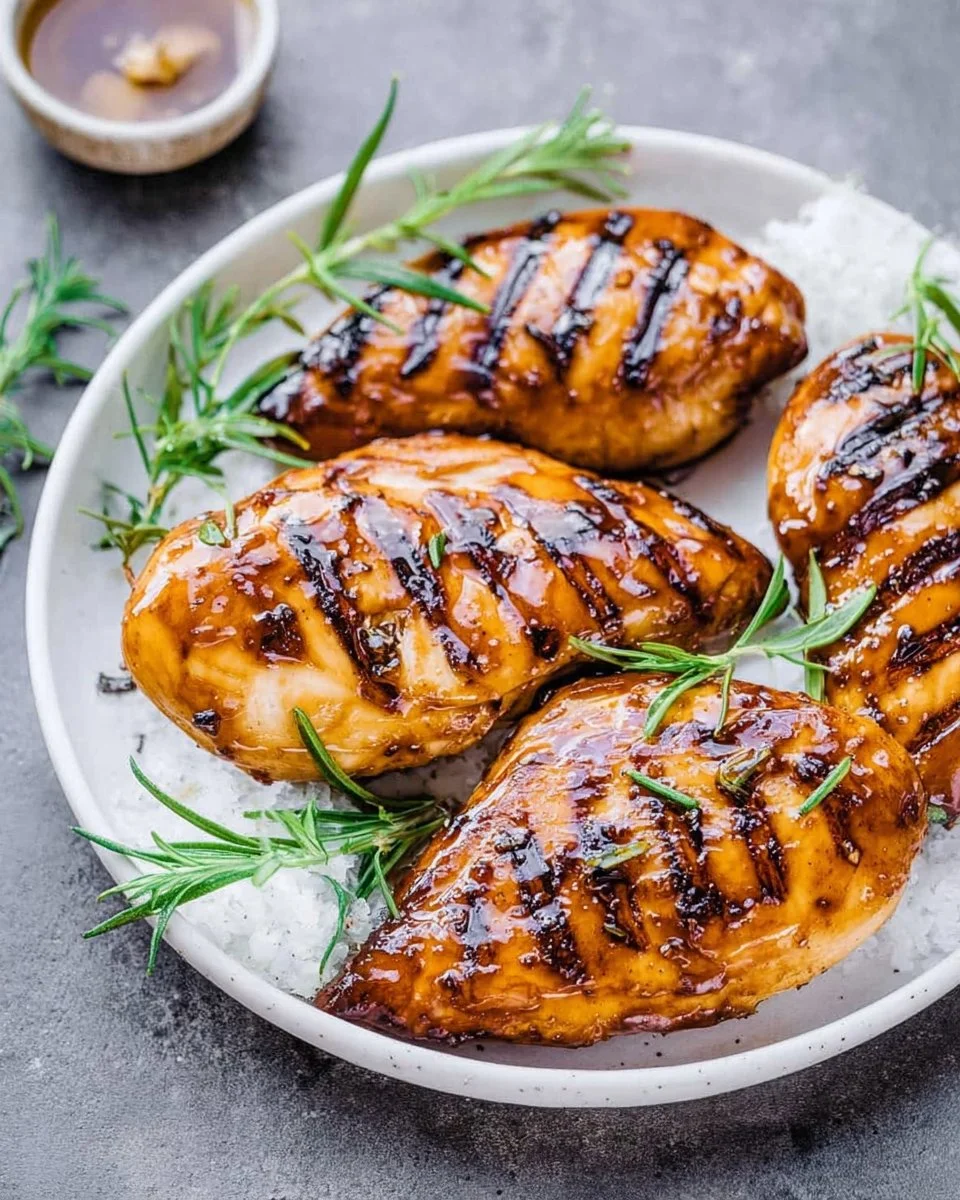 Maple Glazed Chicken Breast garnished with herbs on a plate.