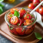 Vibrant marinated cherry tomatoes in a bowl, enhancing a delicious dish.