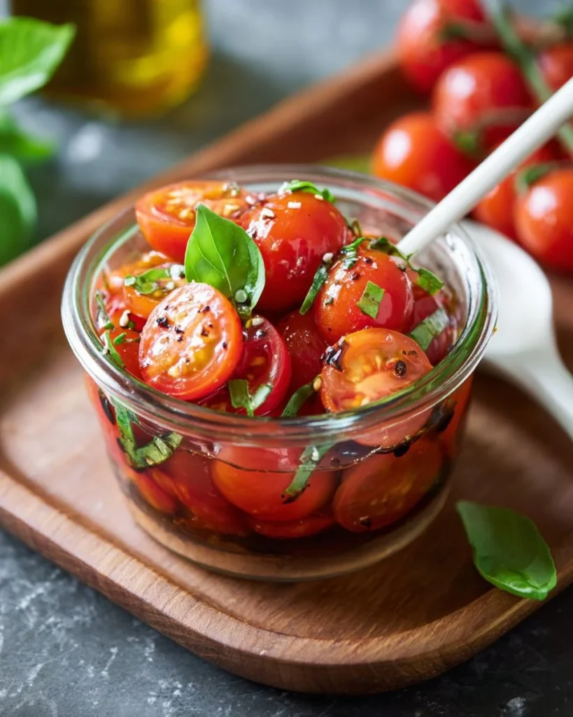 Vibrant marinated cherry tomatoes in a bowl, enhancing a delicious dish.