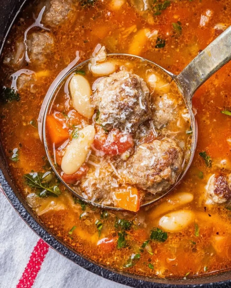 Bowl of homemade meatball soup with fresh herbs and vegetables