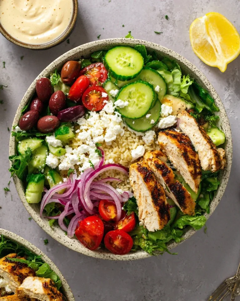 Healthy Mediterranean Chicken Bowls with fresh vegetables and grains
