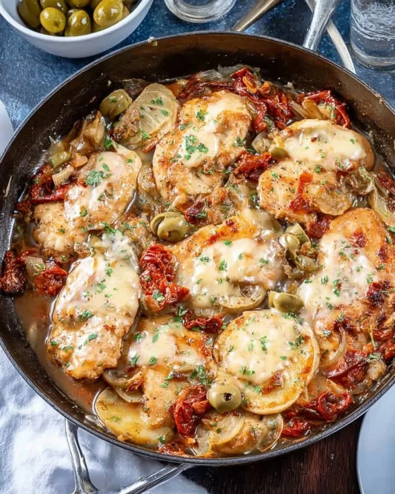 Mediterranean Chicken Skillet with colorful vegetables in a frying pan