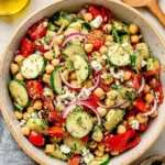Colorful Mediterranean Cucumber Chickpea Salad with fresh veggies and herbs