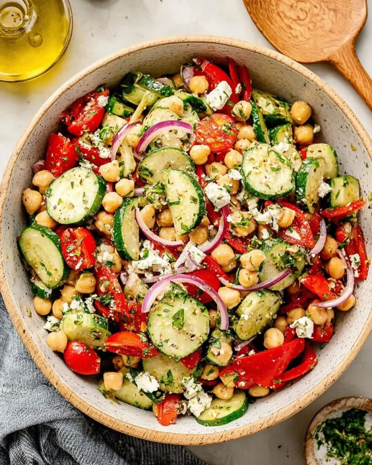 Colorful Mediterranean Cucumber Chickpea Salad with fresh veggies and herbs