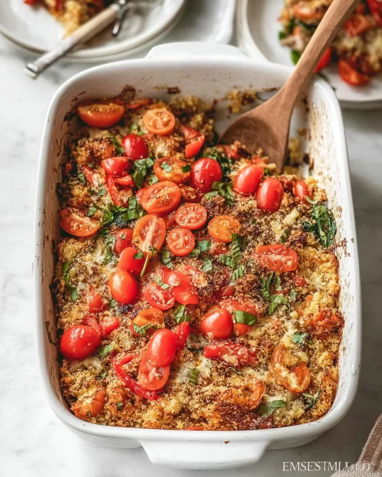 Mediterranean quinoa casserole fresh out of the oven, garnished with herbs.