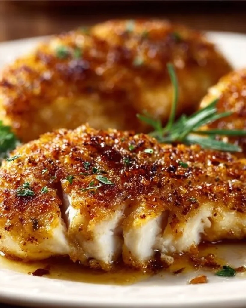 Melt-in-your-mouth chicken breast dish garnished with herbs.