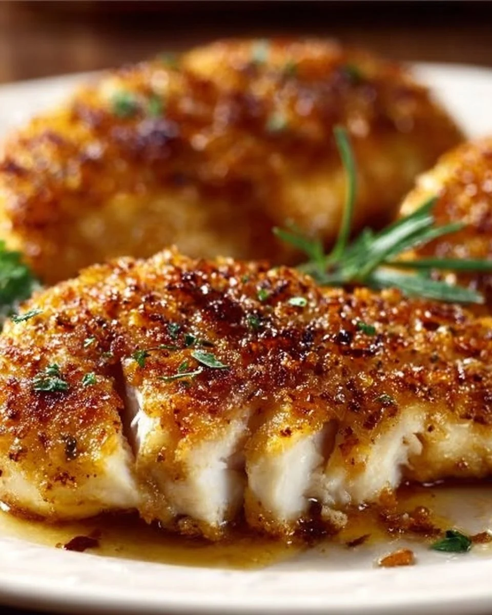 Melt-in-your-mouth chicken breast dish garnished with herbs.