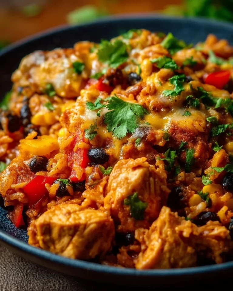 Delicious Mexican Chicken Casserole with rice topped with cheese and cilantro.
