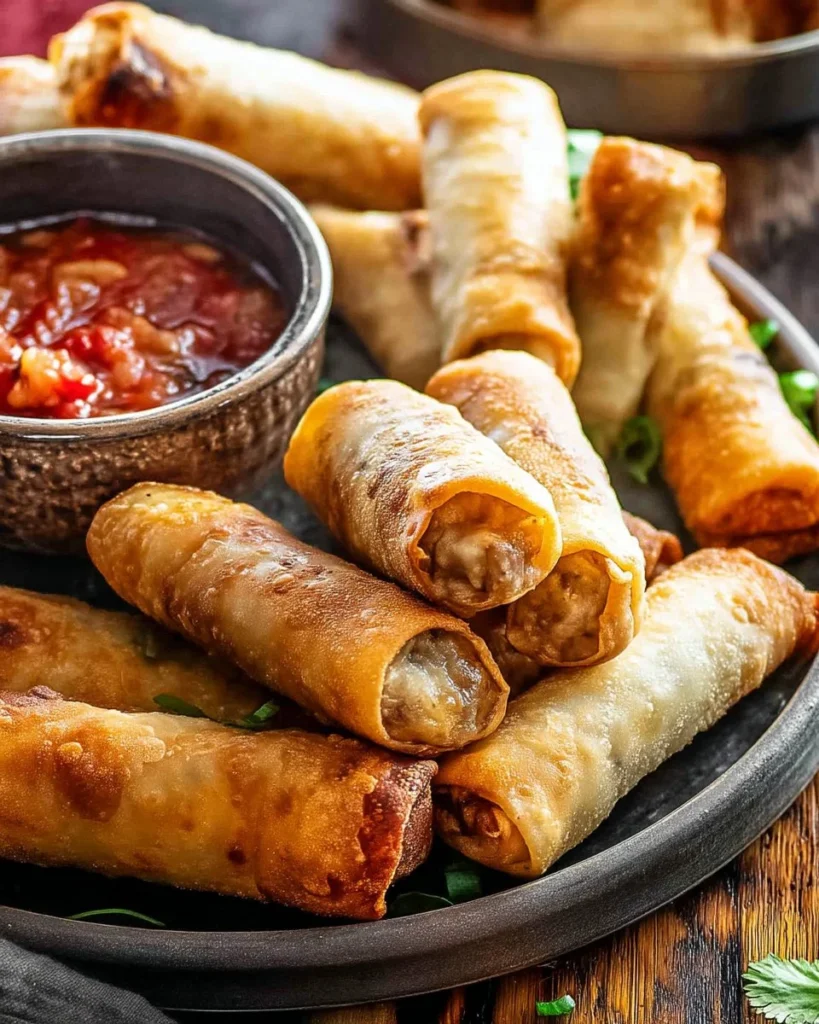 Plate of crispy Mexican Chicken Egg Rolls with dipping sauce