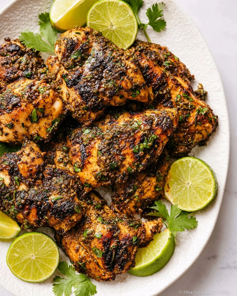 Bowl of Mexican chicken marinade featuring cilantro and lime ingredients.