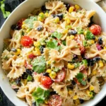Bowl of colorful Mexican Pasta Salad with fresh vegetables and dressing