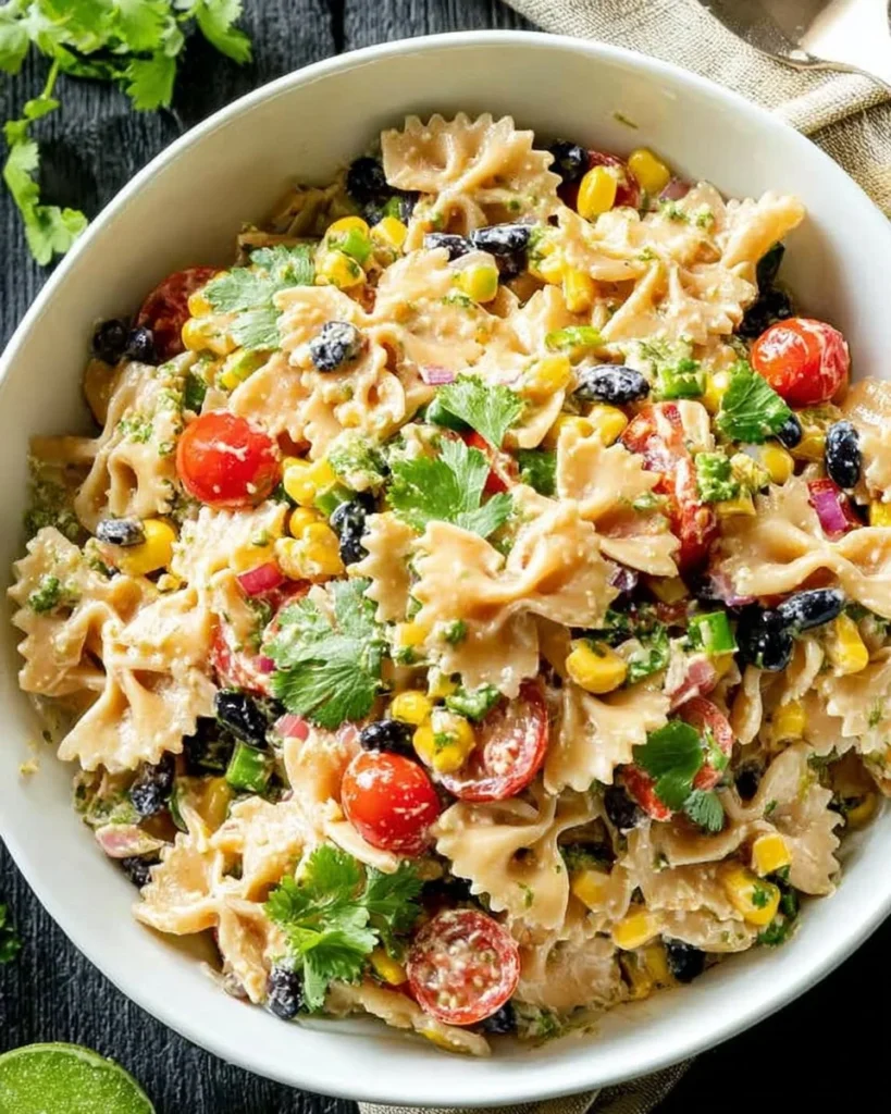Bowl of colorful Mexican Pasta Salad with fresh vegetables and dressing