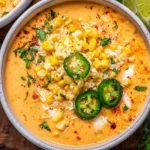 Bowl of creamy Mexican Street Corn Soup garnished with fresh cilantro and lime.