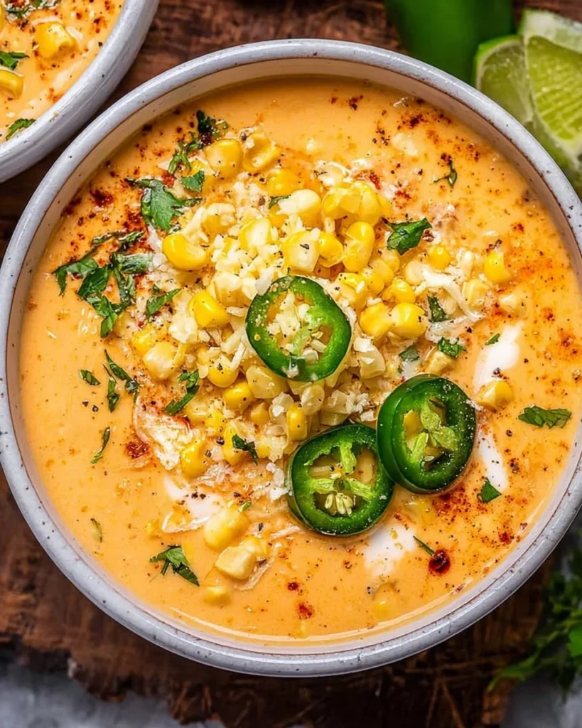 Bowl of creamy Mexican Street Corn Soup garnished with fresh cilantro and lime.