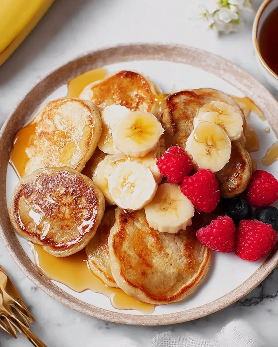 Mini banana pancakes topped with Greek yogurt and sliced bananas