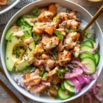 Delicious miso glazed salmon bowl with vegetables and rice